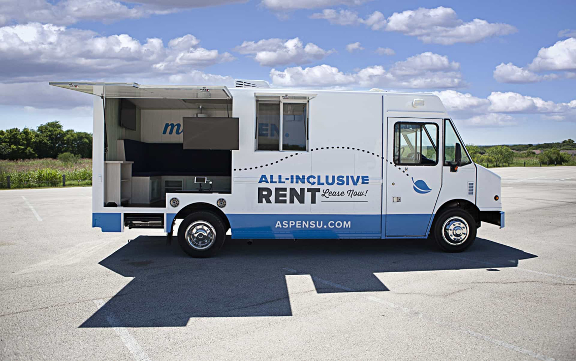 If you’re thinking about getting a mobile office truck, the Aspen Heights Mobile Office Truck is a great example of a customized asset which has that wow factor. We can build you a custom mobile office truck with all the amenities you need to work on the go.