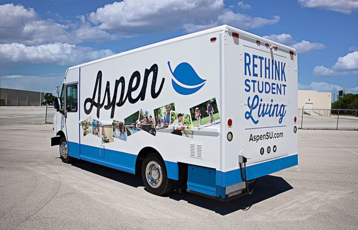 Aspen Heights Mobile Office Truck is a great example on how completely customizable a mobile office truck can be for your business needs. With features like bench seating, upholstery, light fixtures, and branded exterior wraps, you can create the perfect mobile office space for your team in an exciting and efficient way to generate new clients.