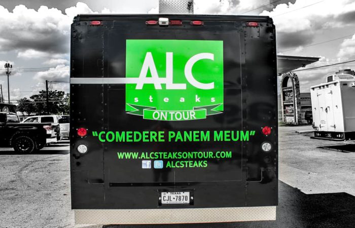 ALC Steaks On Tour is an innovative food truck custom build full kitchen that offers a unique and delicious steak experience. With a fully self-sufficient kitchen, you can enjoy a variety of fresh, high-quality steaks & steak sandwiches prepared with care and cooked to perfection. With this mobile kitchen, the Austin Land and Cattle Steakhouse experience is made available to bring to any event or location. The outside mobile food truck wrap job by PrintIt is stacked with branding to ensure this food truck, as well as any of our custom food trucks, get a return on investment (R.O.I.) for any entrepreneur thinking about making the jump into the food space.