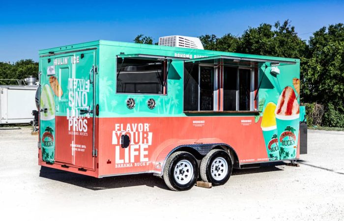 Bahama Bucks Shaved Ice Food Trailer is designed and built by Cruising Kitchens to provide an exceptional shaved ice experience for your customers. With top-of-the-line shavers, refrigeration, and storage, this trailer is perfect for any event.