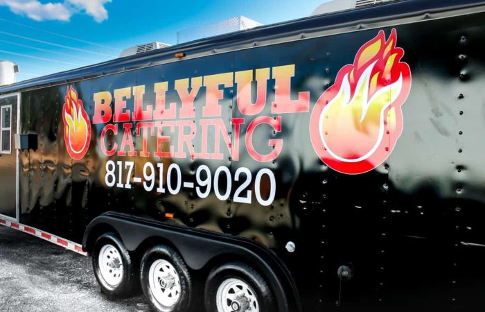 The Bellyful Catering Food Trailer is a custom built mobile kitchen trailer designed for high volume catering service. With top of the line appliances and a quality build, this food trailer is perfect for your business. Get started building with Cruising Kitchens today!