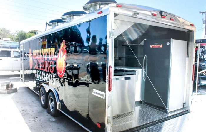 The Bellyful Catering Food Trailer is a huge custom built mobile kitchen with top of the line appliances, designed to go out in the oilfields and serve workers with exquisite quality food. If you're looking for a mobile catering service to serve high volumes at any location, this trailer is perfect.