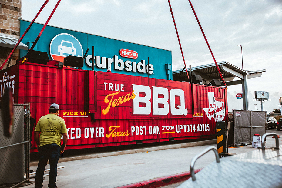 HEB BBQ Shipping Container Kitchen built by Cruising Kitchens Mobile Kitchen Food Truck Fabricator Customized Mobile Assets HEB Curbside Shipping Container BBQ Kitchen