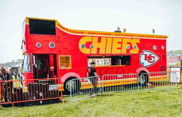 Kansas City Chiefs Double Decker Bus built by Cruising Kitchens Food Truck Business Mobile Kitchens